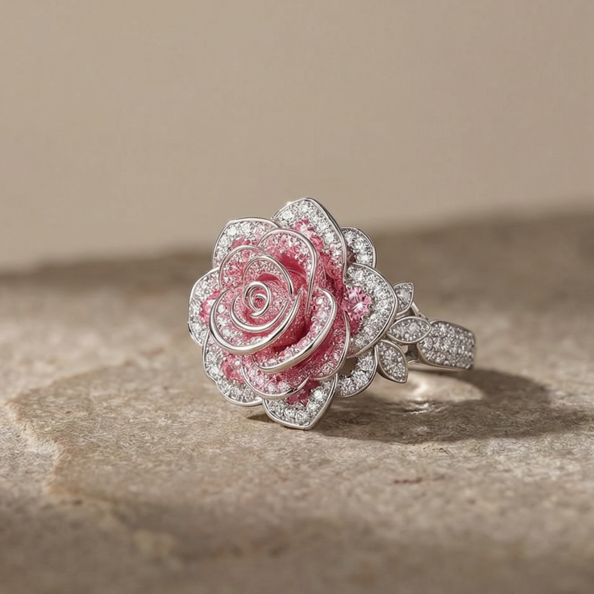 Exotic Silver-Tone Ring with Pink Flowers