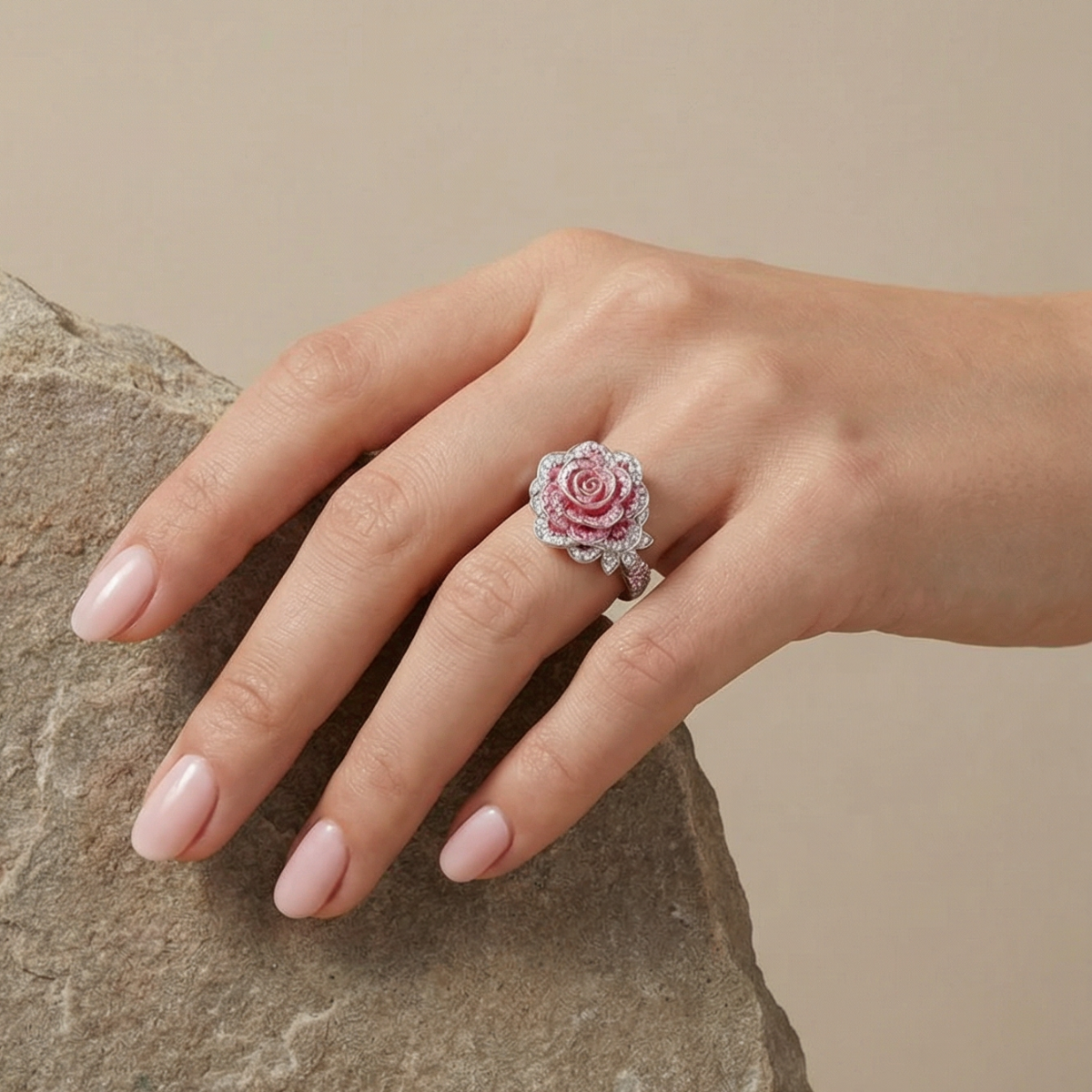 Exotic Silver-Tone Ring with Pink Flowers
